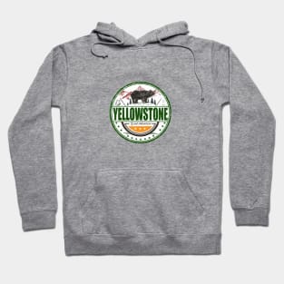 Yellowstone the Great Adventure round design with a bear, geyser, and waterfall Hoodie